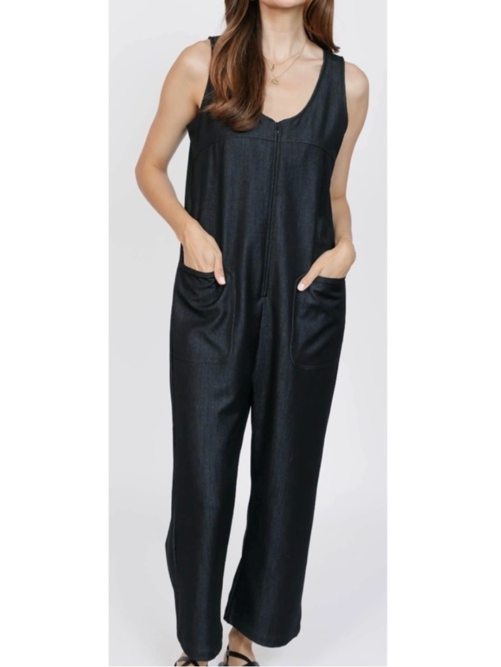 Smash + Tess Melani Black Denim Sleeveless Zip-Front Jumpsuit with Pockets 2XS